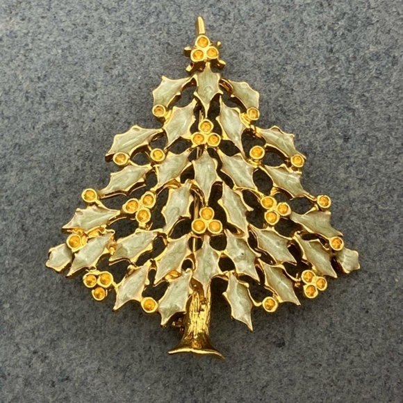 Christmas Pin Brooch Tree Gold Sage Green Enamel Amber Rhinestone Retro Vintage - Picture 2 of 5